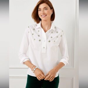 Talbots WHITE EMBELLISHED SHORT SHIRT size M